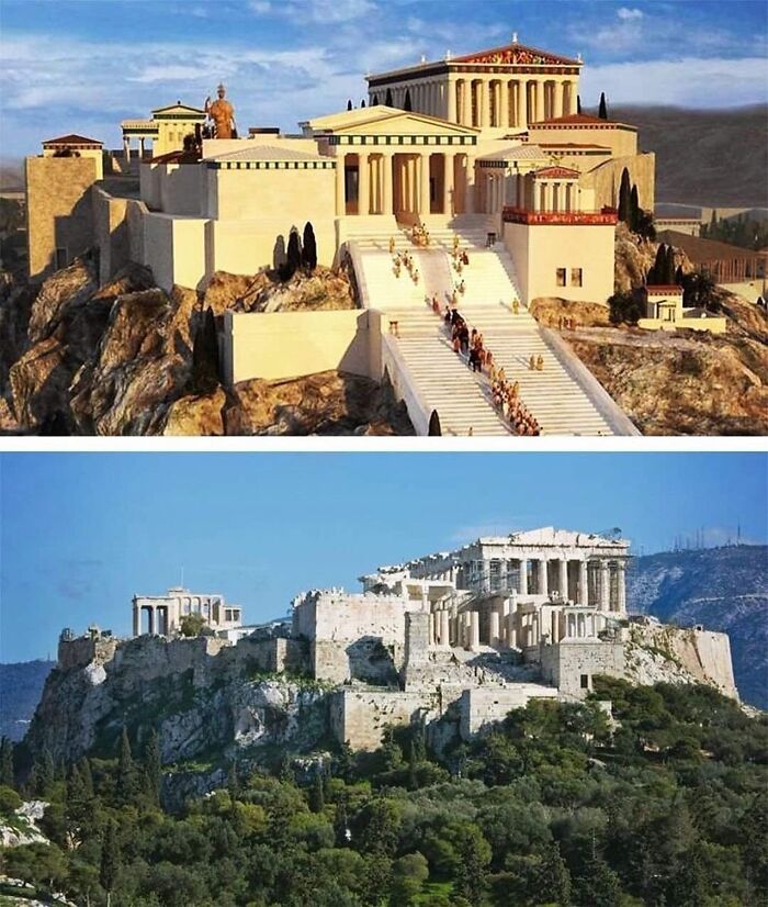 Digital reconstruction compared to current ruins of Acropolis in Athens highlighting facts about the past.