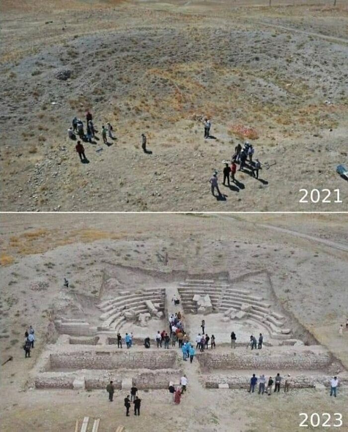 Aerial view before and after excavation of an ancient amphitheater revealing surprising facts about the past.