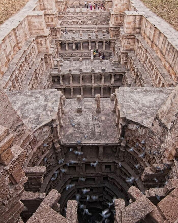 An overhead view of Rani ki Vav stepwell in India, demonstrating cool history and ancient architecture.