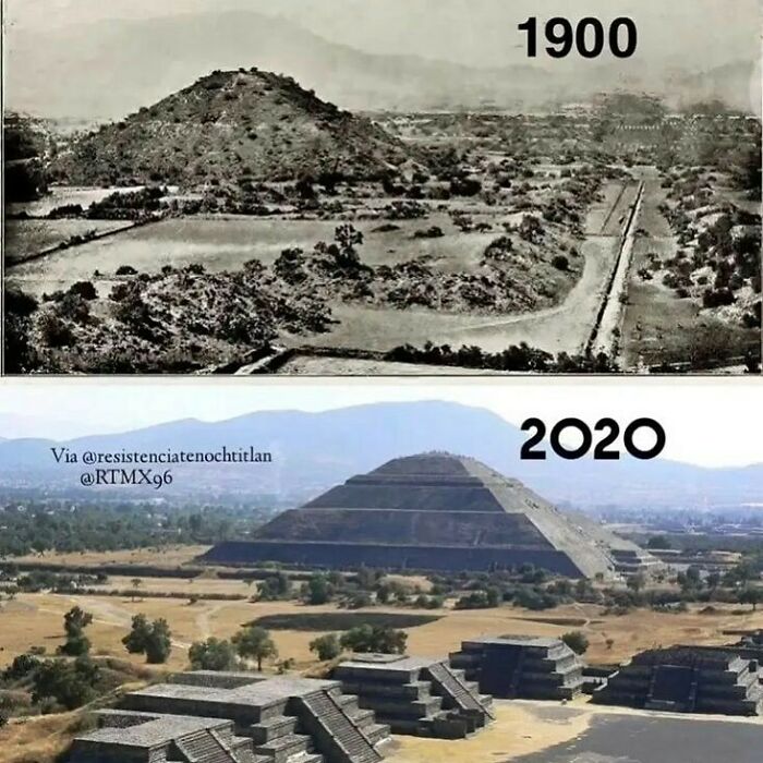 Comparison of Teotihuacan pyramid in 1900 and 2020 showing cool history facts