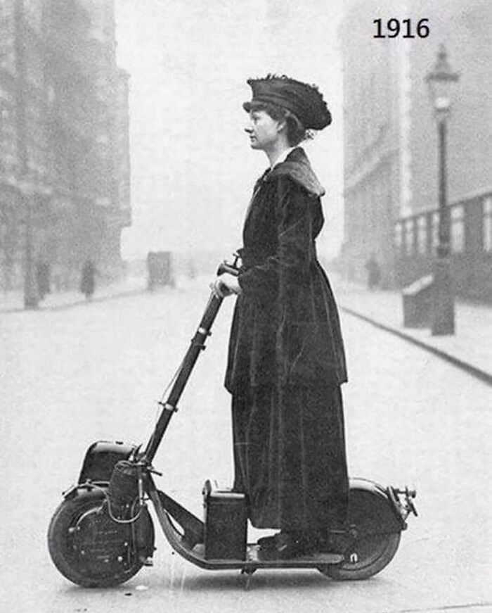 Vintage 1916 photo of a woman riding an early motor scooter revealing cool history facts