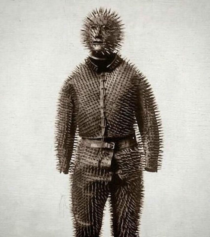 A weird history suit made entirely of sharp iron spikes used for bear hunting.