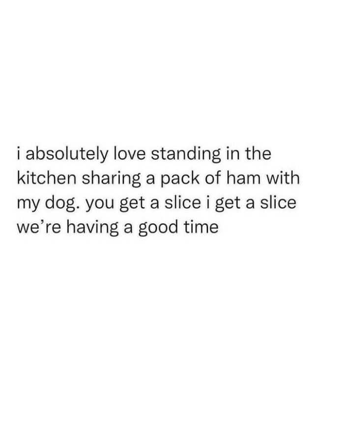 Funny text about sharing ham in the kitchen in one of many hilarious dog memes.