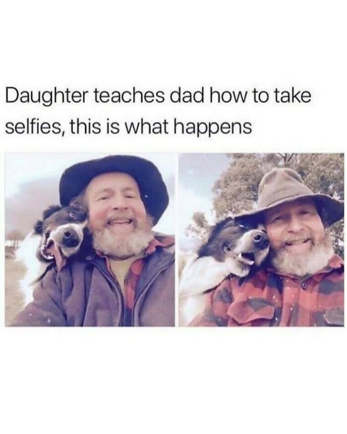 Funny dog memes featuring a smiling dad taking a selfie with his happy dog wearing a hat.