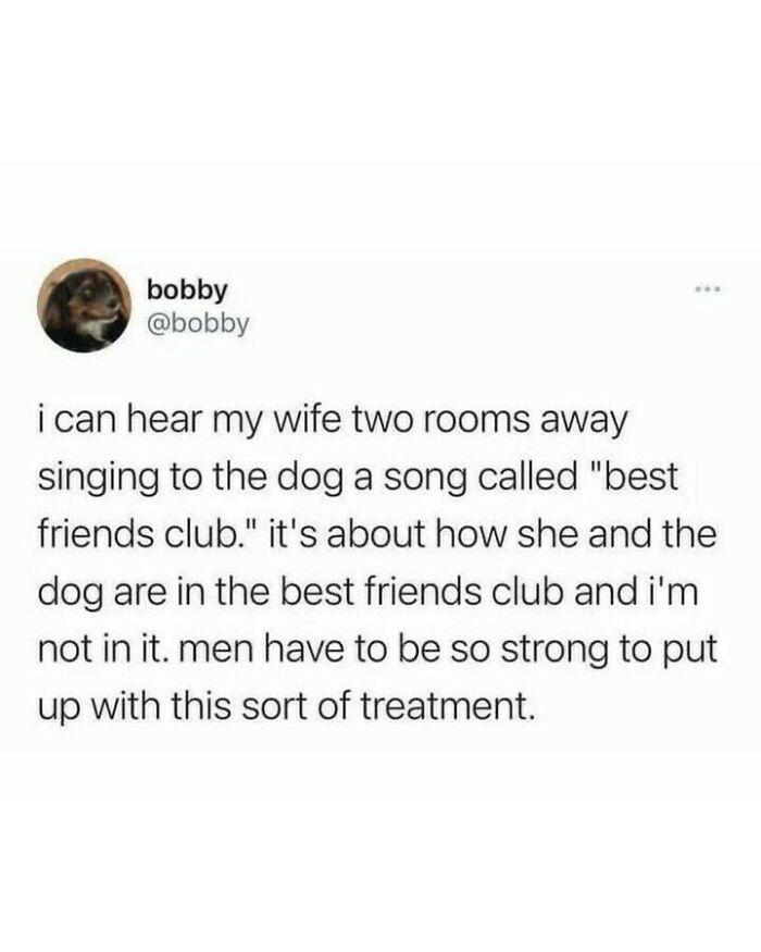 Hilarious tweet about a dog and owner forming a best friends club, perfect for dog memes fans.