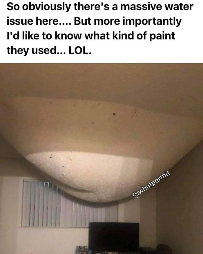 Ceiling paint sagging heavily from a huge water leak in funny cringe construction fails memes