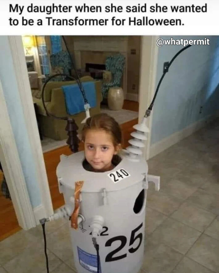 Young girl wearing a realistic utility electrical transformer costume in funny cringe construction fails memes