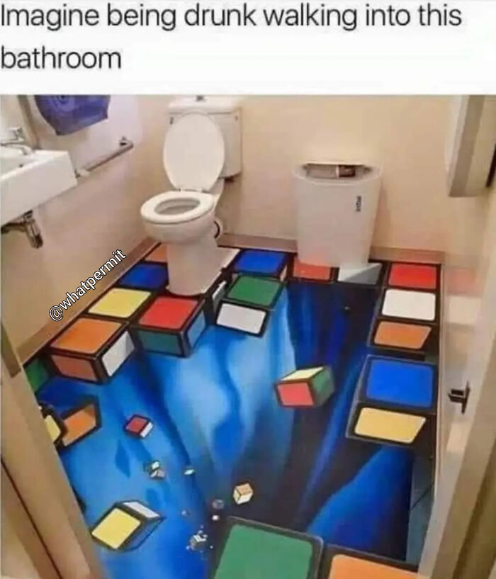Funny cringe construction fail with a confusing 3D optical illusion floor design in a bathroom