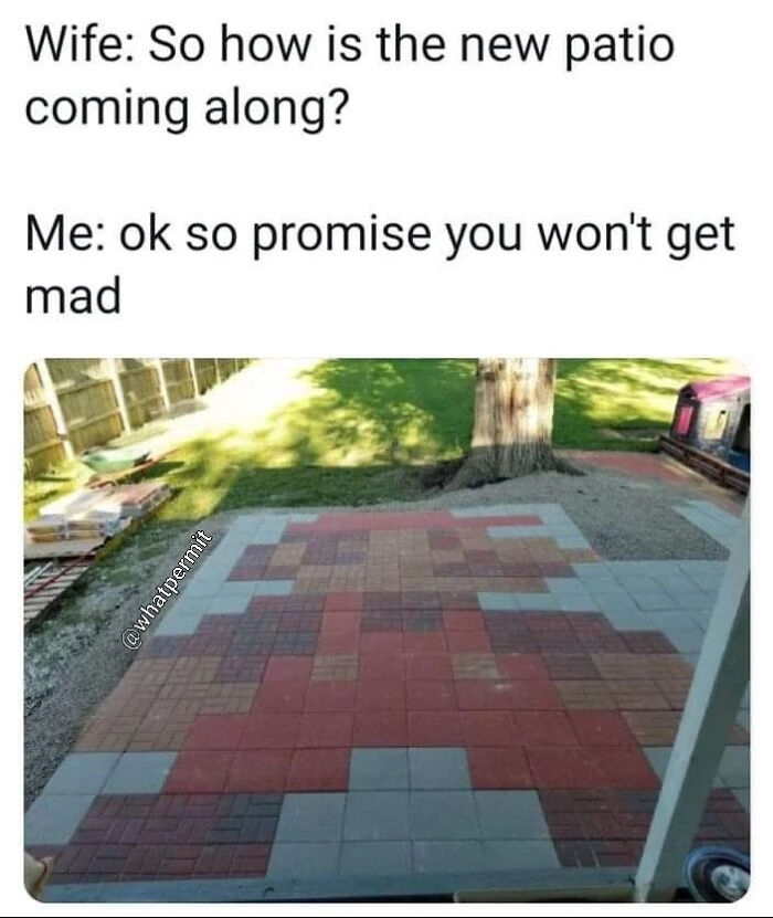 Patio pavers arranged to form a Mario figure representing funny cringe construction fails memes