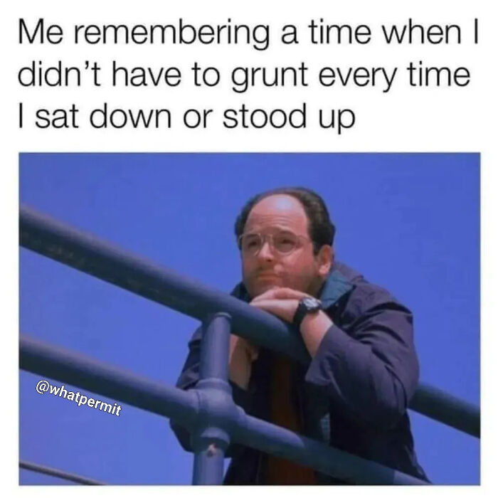 Man resting on a railing in a funny cringe construction fails meme about getting older and grunting.