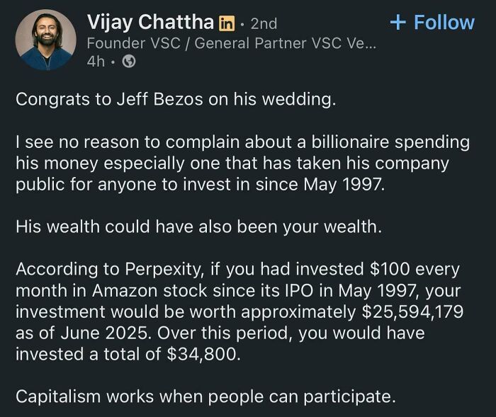 LinkedIn post discussing Jeff Bezos wedding and Amazon stock investment benefits