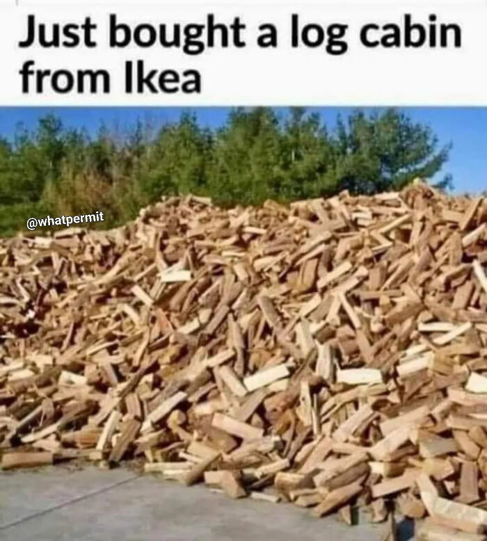 Giant pile of chopped firewood outdoors representing funny cringe construction fails memes.