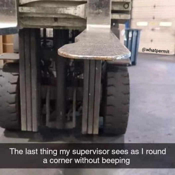 Close-up of a forklift prongs, showing one of many funny cringe construction fails memes.