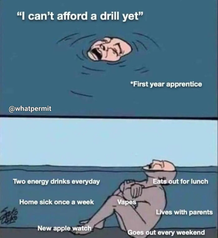 A meme drowning in shallow water representing a first year apprentice in funny cringe construction fails memes.