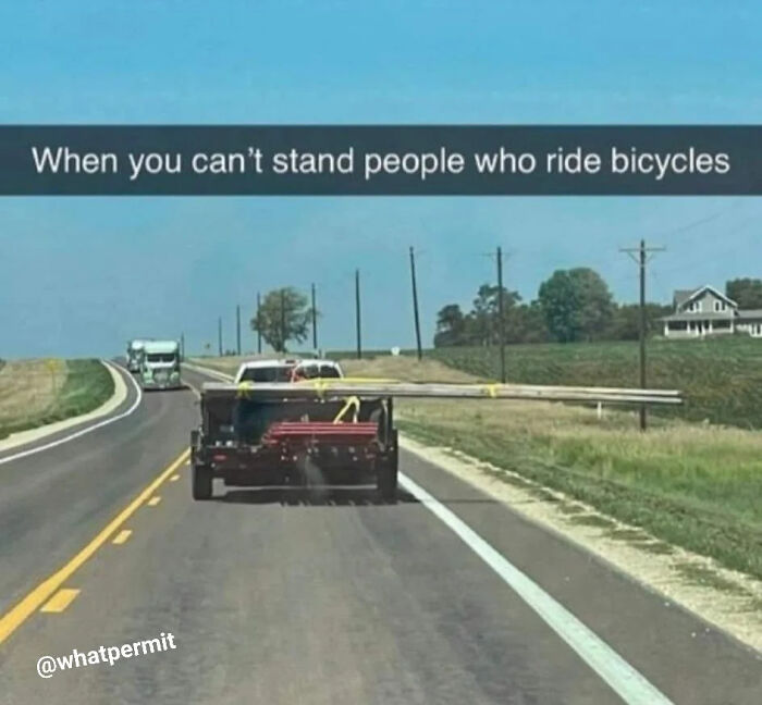 Funny cringe construction fails meme showing a truck hauling long wooden planks sticking far out into the side lane.