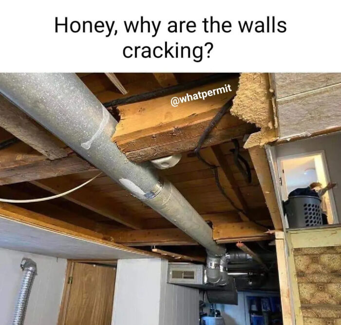 Cringe construction fail showing a metal pipe cut straight through a wooden support beam.