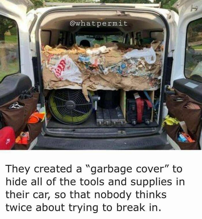 Car trunk filled with trash hiding tools, a funny cringe construction fails meme about theft prevention.