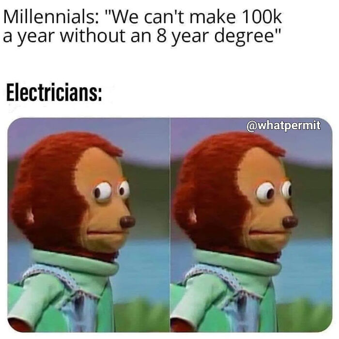 Construction fails meme with side-eye monkey puppet reacting to electrician salary jokes.