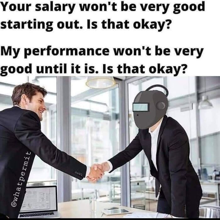 Funny construction fail meme showing a job interview handshake with a welder helmet.