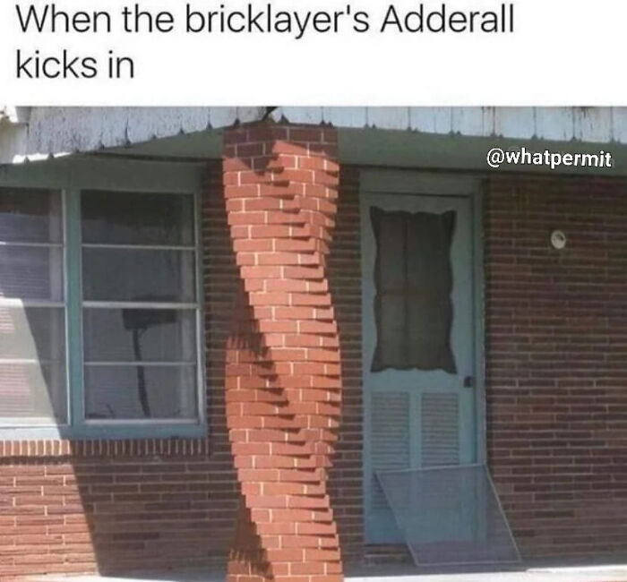 Funny cringe construction fails memes featuring a strangely twisted brick column on a house porch.