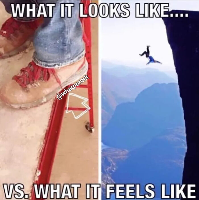 Funny cringe construction fails memes showing a worker balancing near a ledge compared to cliff jumping.