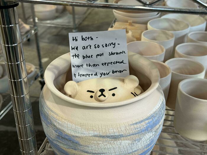 Clay bear figure inside a ceramic pot representing fun pottery creations