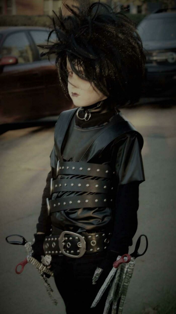 Child dressed in detailed Edward Scissorhands Halloween costume
