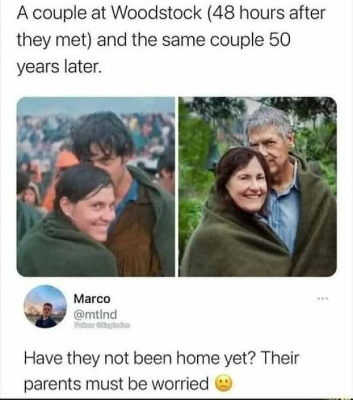 Side-by-side comparison of a couple at Woodstock and 50 years later, shared as wholesome memes.