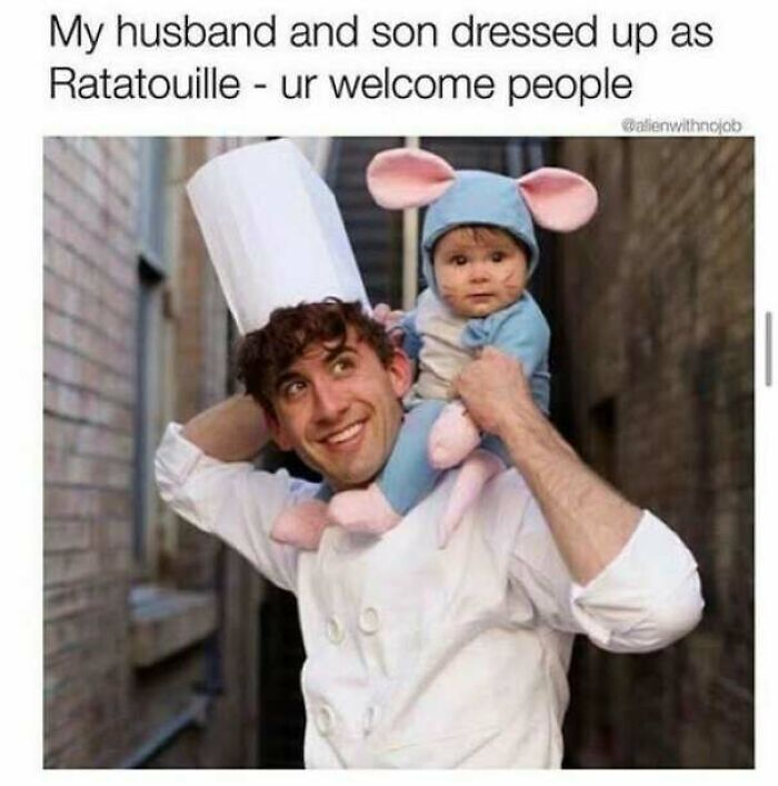 A father and baby in a Ratatouille costume in one of these wholesome memes.