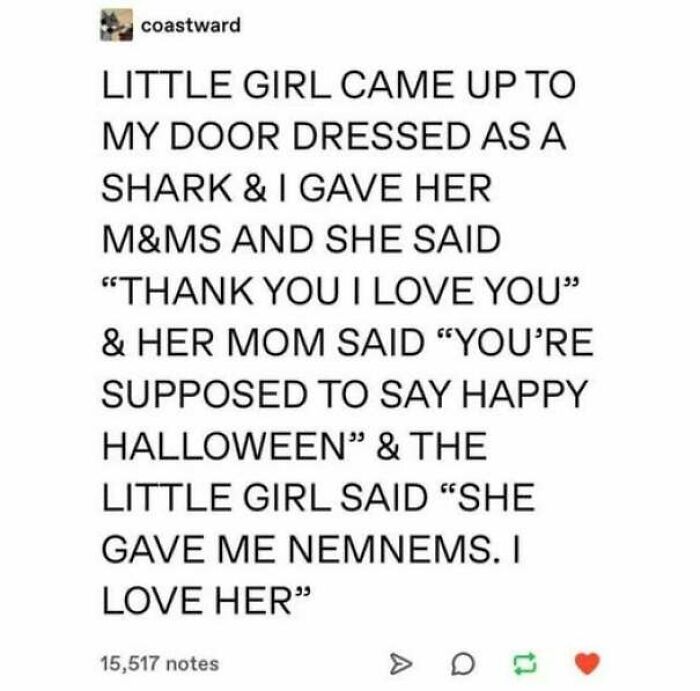 A wholesome meme post about a child dressed as a shark saying thank you for Halloween candy.