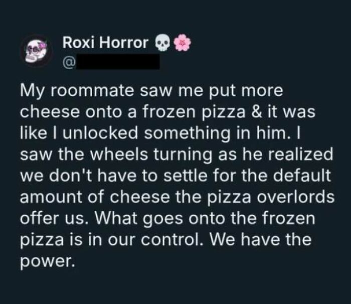 A wholesome meme featuring a social media post about putting extra cheese on a frozen pizza.