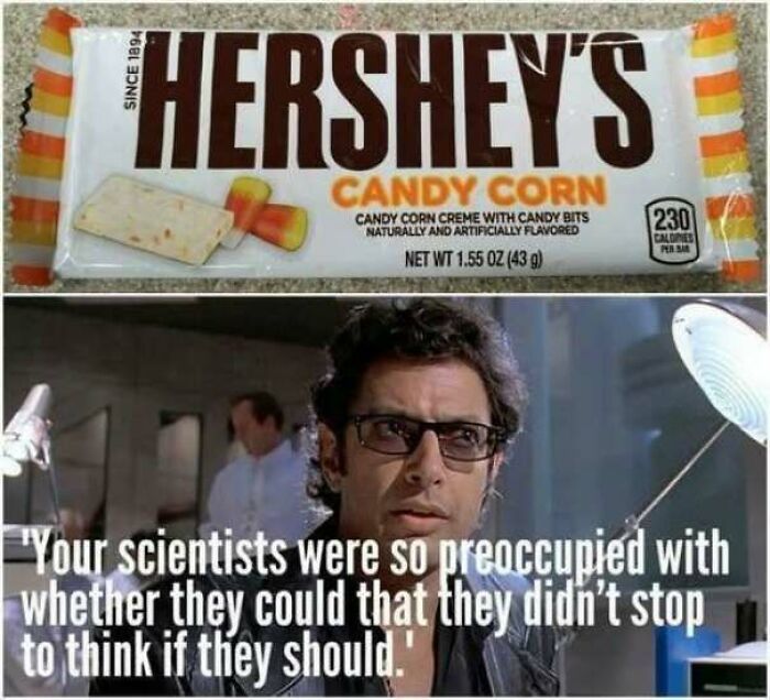 Wholesome memes featuring Jeff Goldblum placed below a candy corn Hershey bar