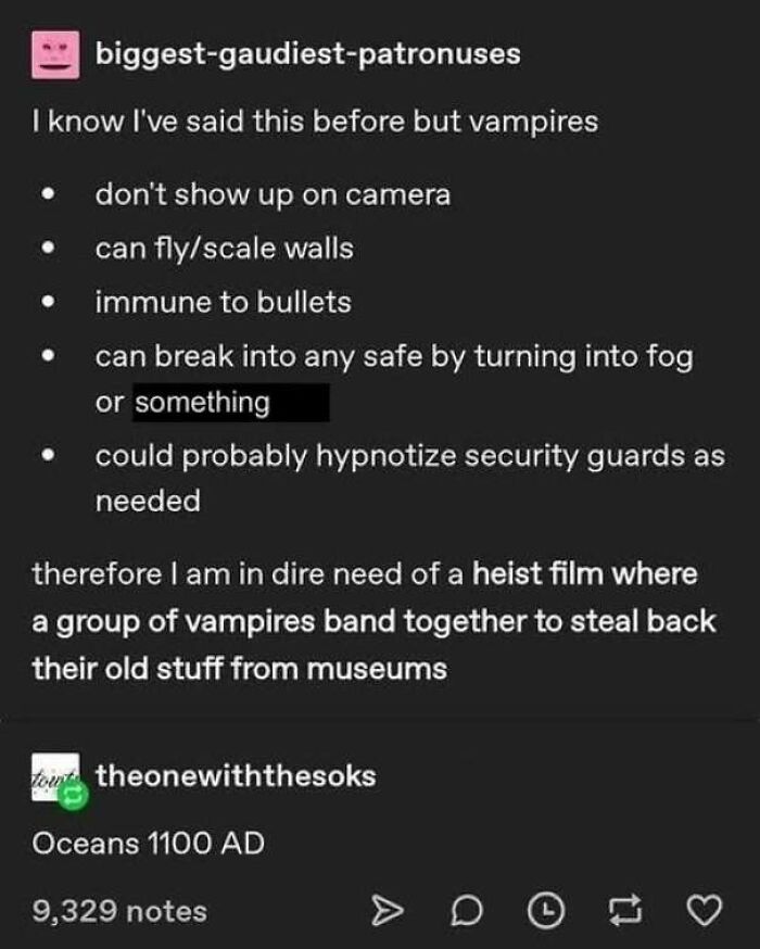 Wholesome memes social media post discussing a concept for a vampire heist movie titled Oceans 1100 AD
