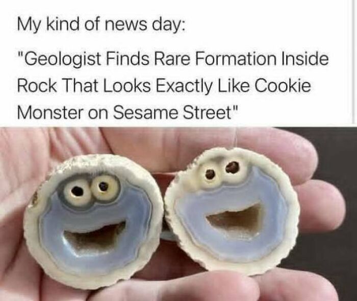 Wholesome memes image of two agate rock halves that naturally look like Cookie Monster.