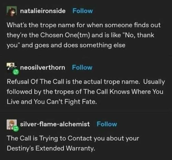 Wholesome memes post discussing the Refusal of the Call trope and Destiny's Extended Warranty.