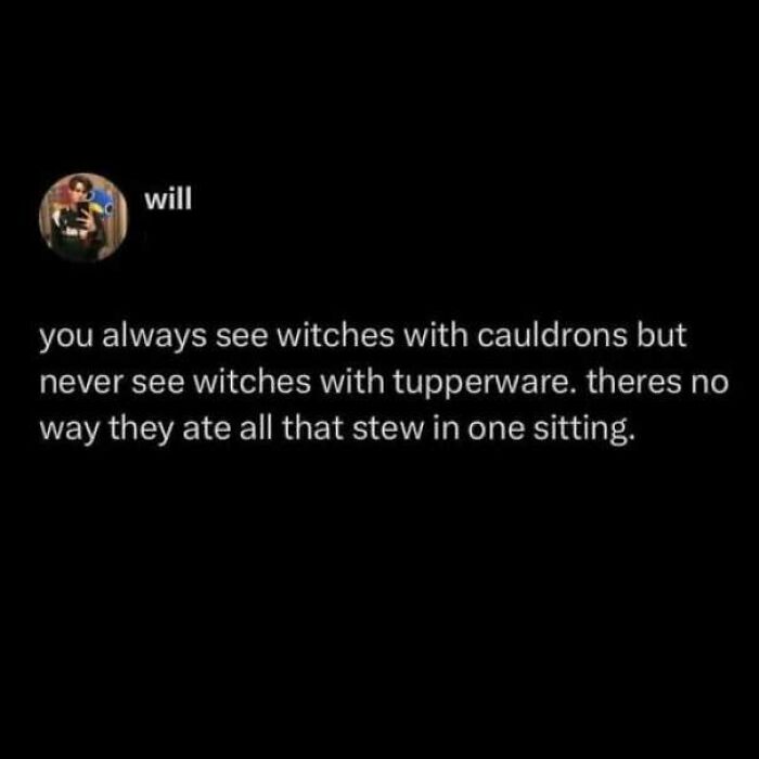 Wholesome memes screenshot of a funny tweet asking why witches use cauldrons instead of Tupperware for leftover stew.