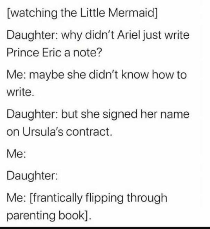 Wholesome memes post showing a parent-child discussion about plot holes in The Little Mermaid movie.