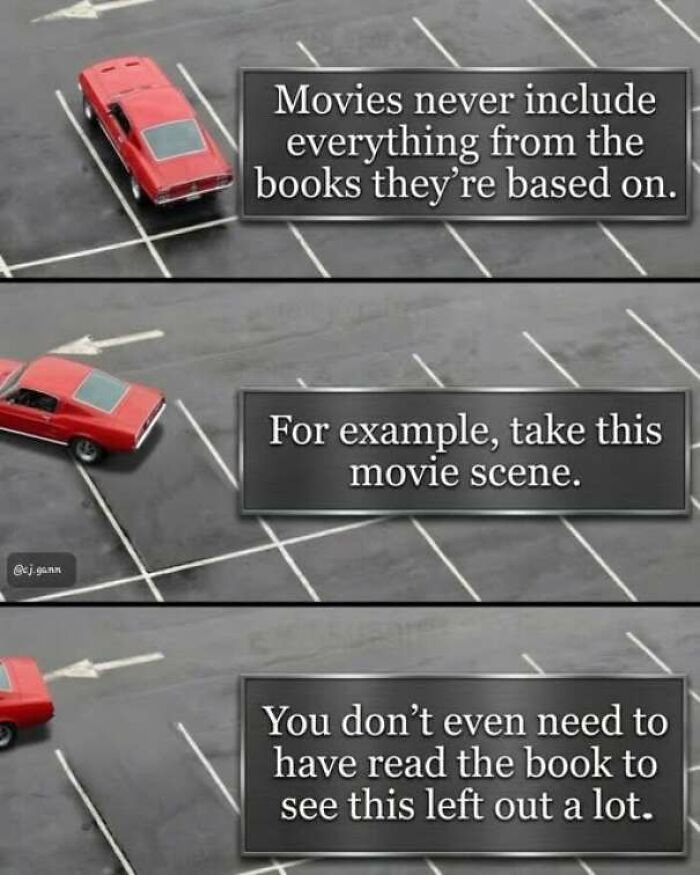 A red car leaving a parking space, featured in wholesome memes about movie adaptations leaving out a lot.