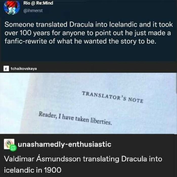 Social media post about the Icelandic Dracula translation, a funny wholesome meme about literature.