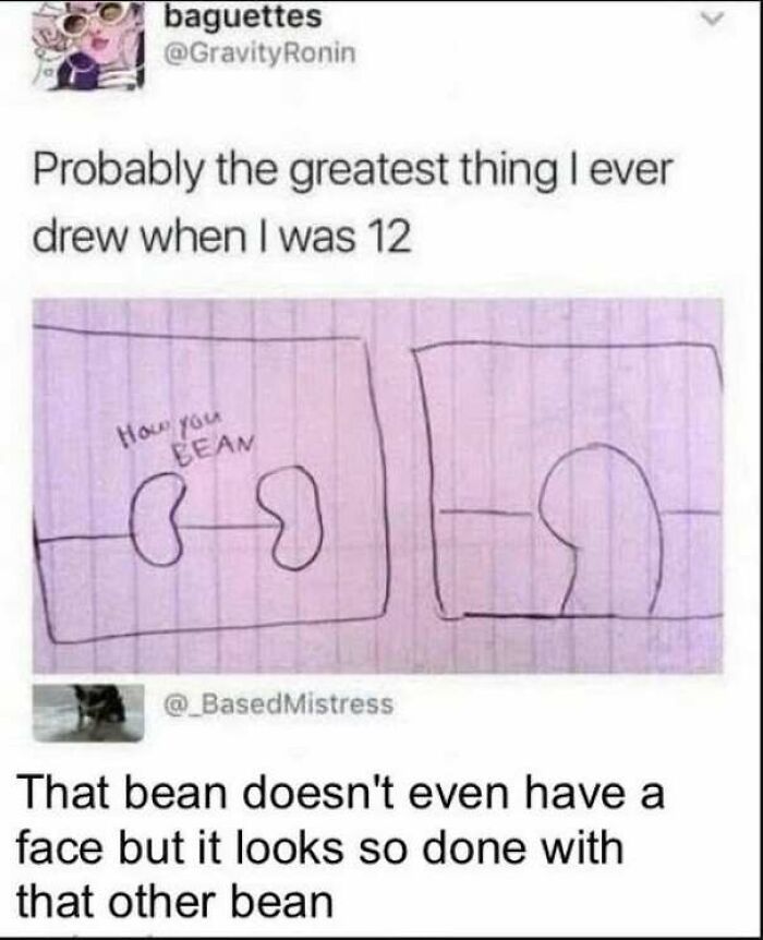 Childhood drawing of two beans talking in a funny wholesome meme about simple humor.