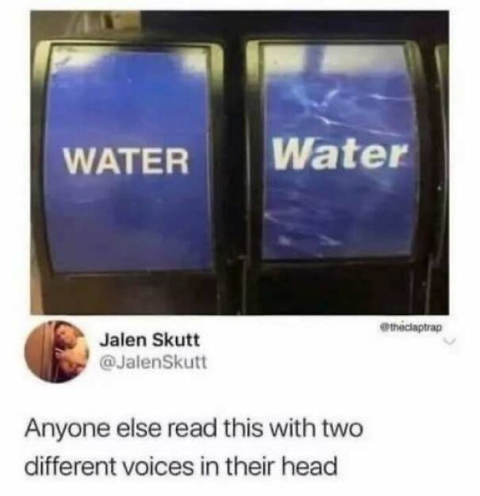 A meme showing two drink dispenser labels saying WATER in different fonts for wholesome memes.