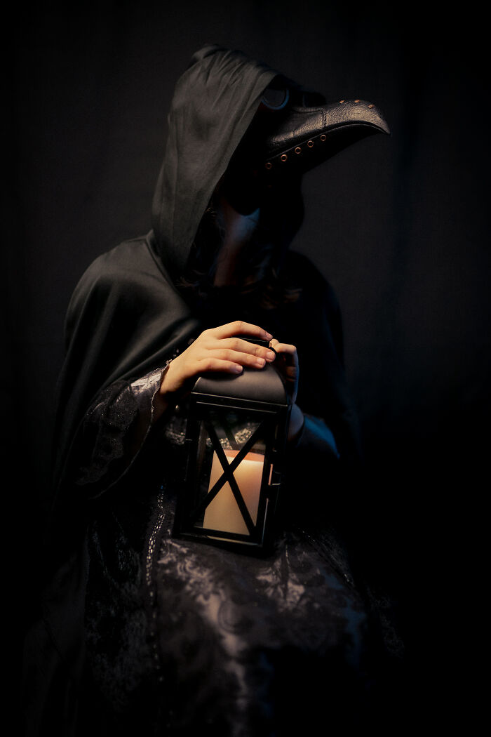A dark, detailed plague doctor outfit featured among creative kids Halloween costumes.