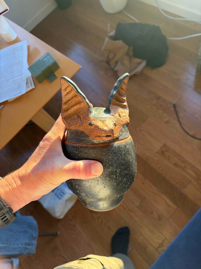 Handcrafted bat-shaped jar showcasing creative pottery creations