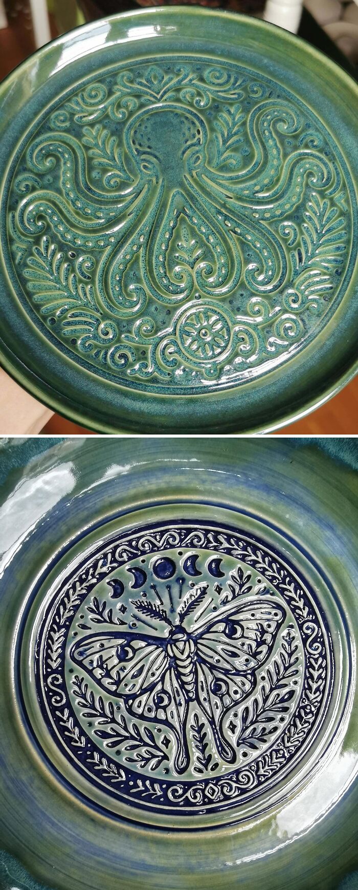 Detailed green glazed ceramic plates with octopus and moth designs, displaying pottery creations.