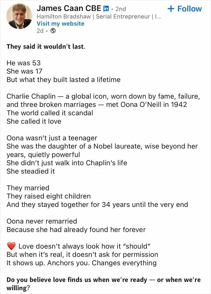 LinkedIn post about Charlie Chaplin's love story with Oona O'Neill