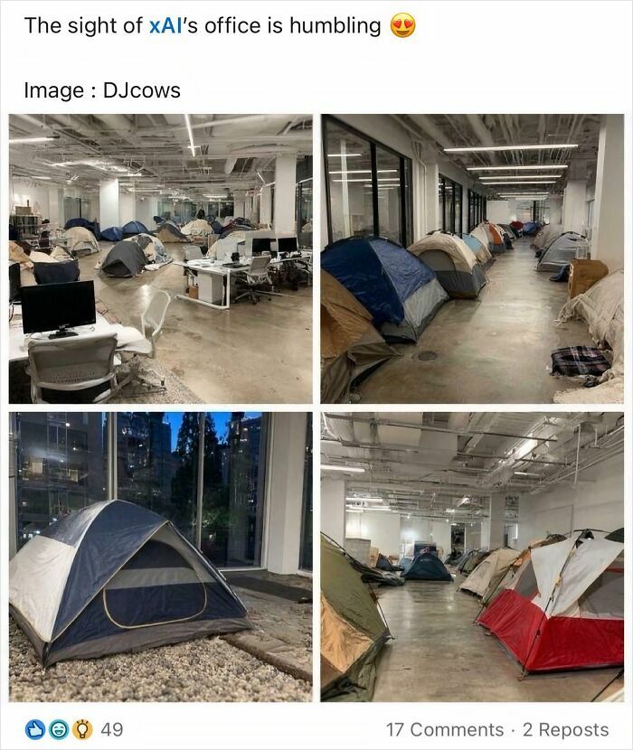 LinkedIn post showing xAI office setup with tents inside workspace