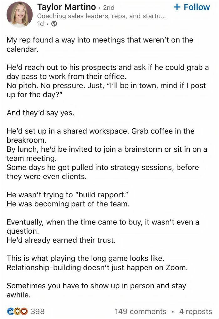 LinkedIn post about playing the long game and building sales relationships in person