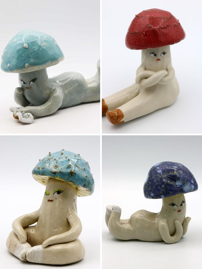 A collage of four whimsical pottery figurines shaped like mushrooms with human faces and limbs.