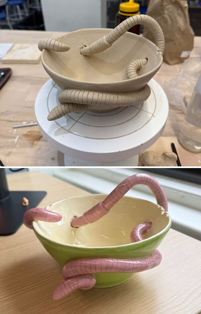 Unfinished and glazed clay bowls with sculpted worms, showcasing unique pottery creations.