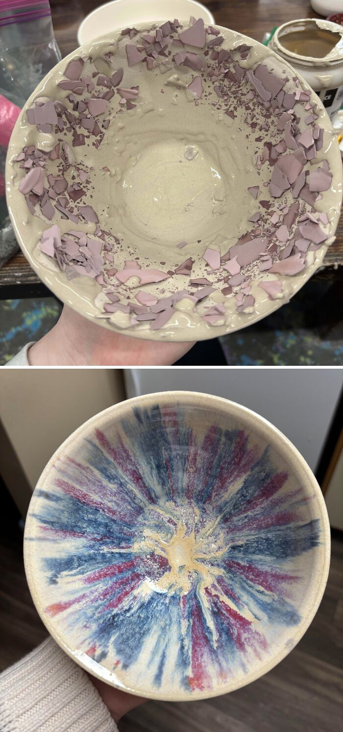 Before and after glaze firing transformation of a ceramic bowl, showing creative pottery creations.